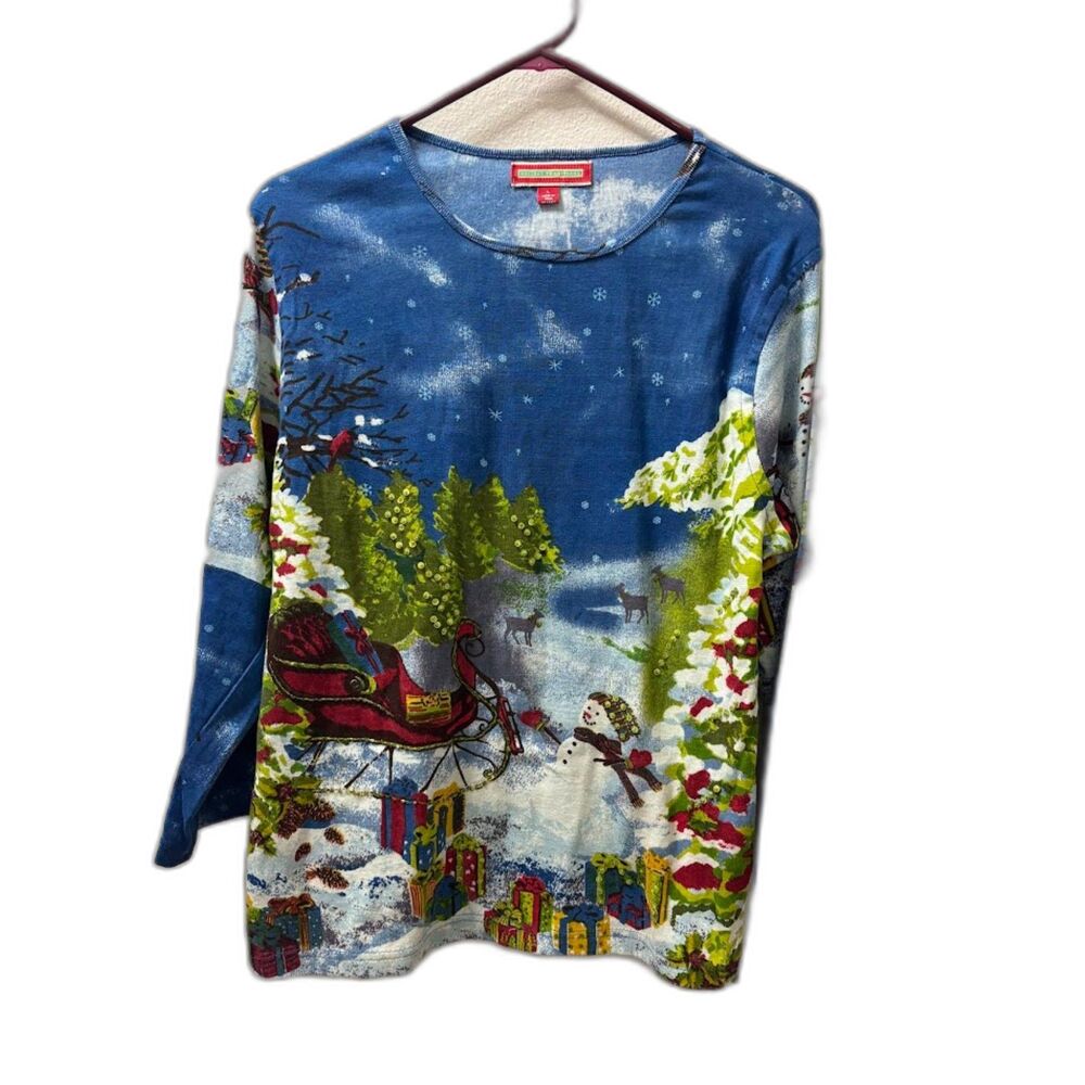 Holiday Traditions y2k Style Top 3/4 Sleeve Beaded Mixed Media Santa Christmas L